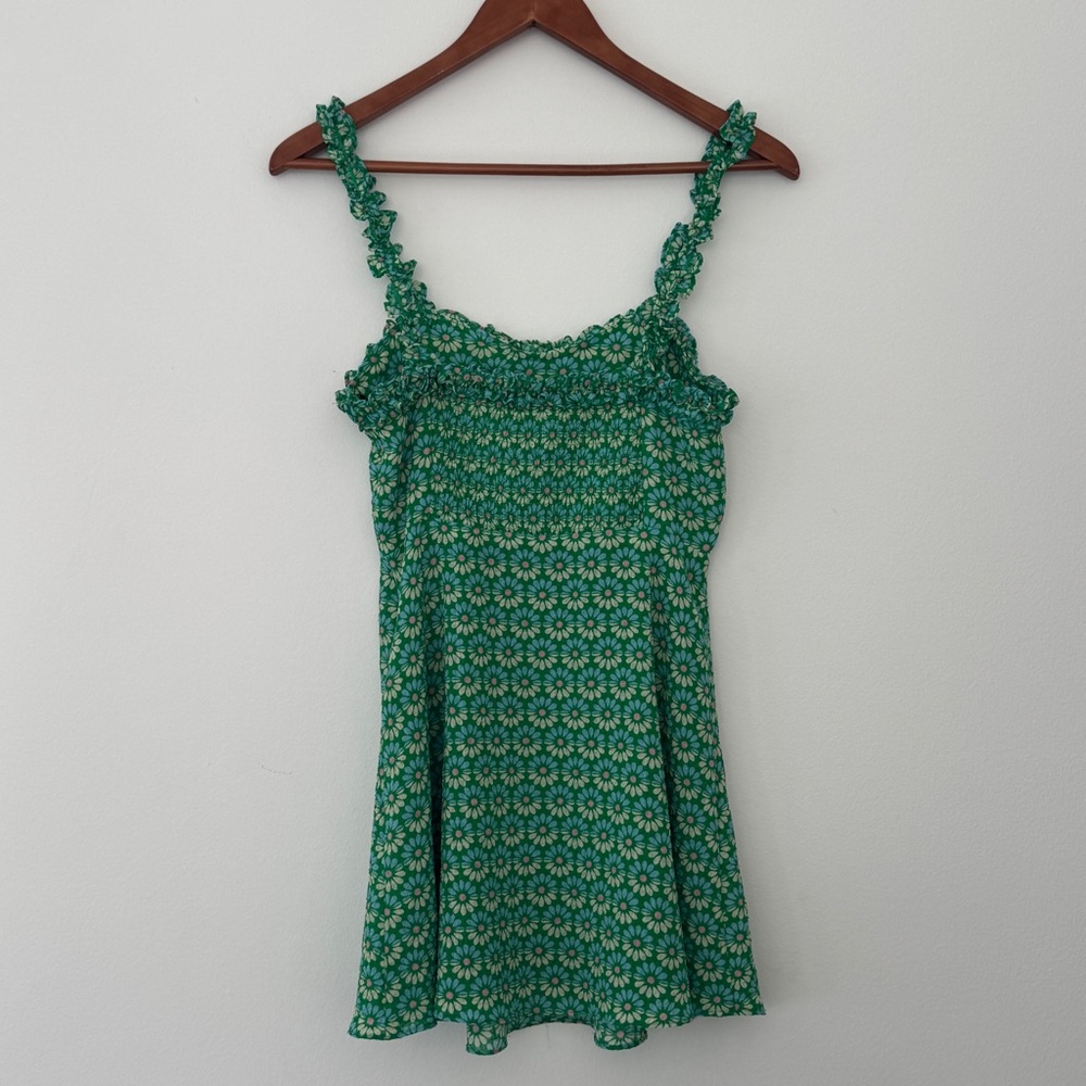Zara Green Floral Daisy Ruffled Strap Summer Cottagecore Mini Dress S - Picture 2 of 9